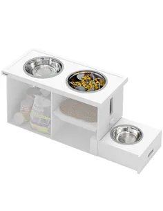 PawHut Raised Dog Bowls w/ Slow Feeder Mat, Storage Cabinet, Three Stainless Steel Bowls, Semi Auto Dispenser Function, White