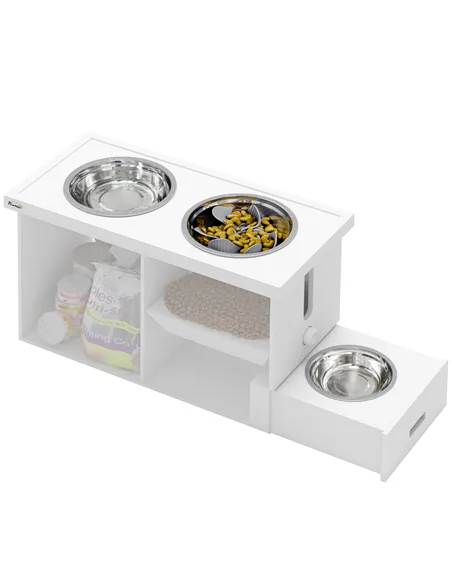 PawHut Raised Dog Bowls w/ Slow Feeder Mat, Storage Cabinet, Three Stainless Steel Bowls, Semi Auto Dispenser Function, White