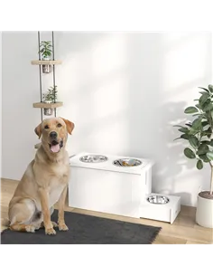 PawHut Raised Dog Bowls w/ Slow Feeder Mat, Storage Cabinet, Three Stainless Steel Bowls, Semi Auto Dispenser Function, White 2