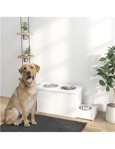 PawHut Raised Dog Bowls w/ Slow Feeder Mat, Storage Cabinet, Three Stainless Steel Bowls, Semi Auto Dispenser Function, White