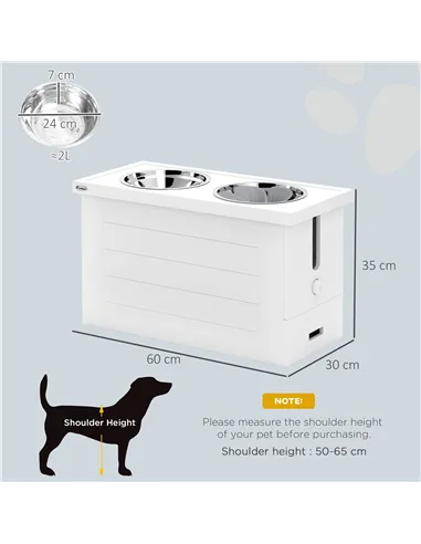 PawHut Raised Dog Bowls w/ Slow Feeder Mat, Storage Cabinet, Three Stainless Steel Bowls, Semi Auto Dispenser Function, White