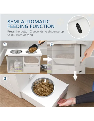 PawHut Raised Dog Bowls w/ Slow Feeder Mat, Storage Cabinet, Three Stainless Steel Bowls, Semi Auto Dispenser Function, White
