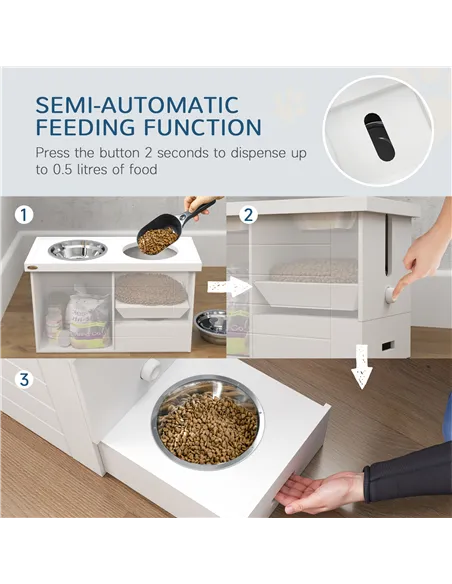 PawHut Raised Dog Bowls w/ Slow Feeder Mat, Storage Cabinet, Three Stainless Steel Bowls, Semi Auto Dispenser Function, White
