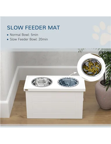 PawHut Raised Dog Bowls w/ Slow Feeder Mat, Storage Cabinet, Three Stainless Steel Bowls, Semi Auto Dispenser Function, White