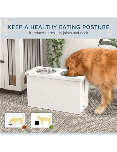 PawHut Raised Dog Bowls w/ Slow Feeder Mat, Storage Cabinet, Three Stainless Steel Bowls, Semi Auto Dispenser Function, White