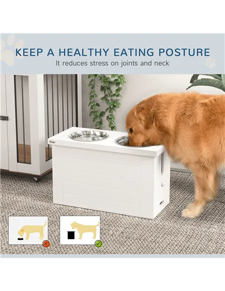 PawHut Raised Dog Bowls w/ Slow Feeder Mat, Storage Cabinet, Three Stainless Steel Bowls, Semi Auto Dispenser Function, White