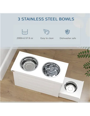 PawHut Raised Dog Bowls w/ Slow Feeder Mat, Storage Cabinet, Three Stainless Steel Bowls, Semi Auto Dispenser Function, White