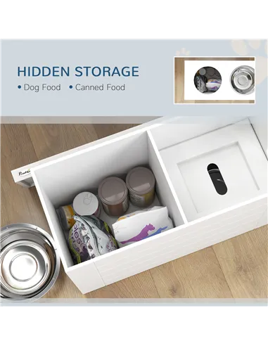 PawHut Raised Dog Bowls w/ Slow Feeder Mat, Storage Cabinet, Three Stainless Steel Bowls, Semi Auto Dispenser Function, White