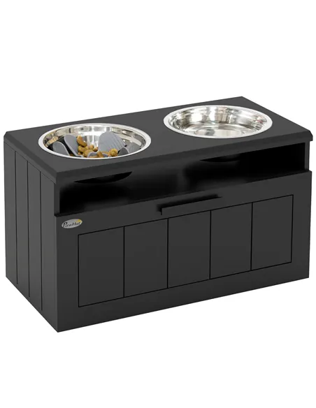 PawHut Raised Dog Bowl with Slow Feeder, Two Stainless Steel Dog Bowls, Drawer, for Large and Extra Large Dogs, Black