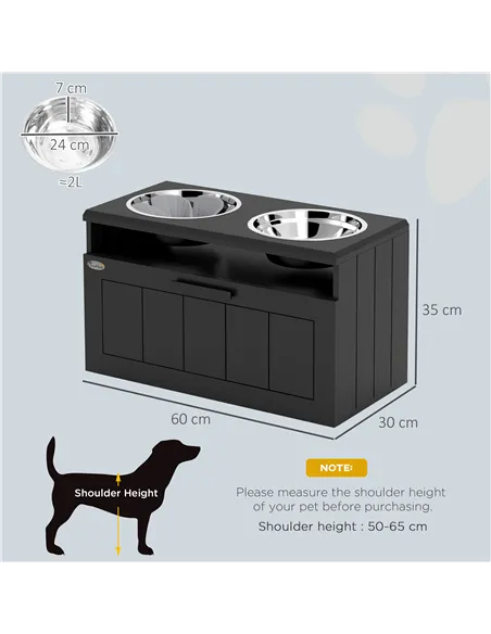 PawHut Raised Dog Bowl with Slow Feeder, Two Stainless Steel Dog Bowls, Drawer, for Large and Extra Large Dogs, Black