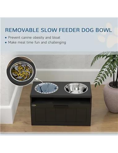PawHut Raised Dog Bowl with Slow Feeder, Two Stainless Steel Dog Bowls, Drawer, for Large and Extra Large Dogs, Black