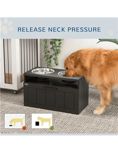 PawHut Raised Dog Bowl with Slow Feeder, Two Stainless Steel Dog Bowls, Drawer, for Large and Extra Large Dogs, Black