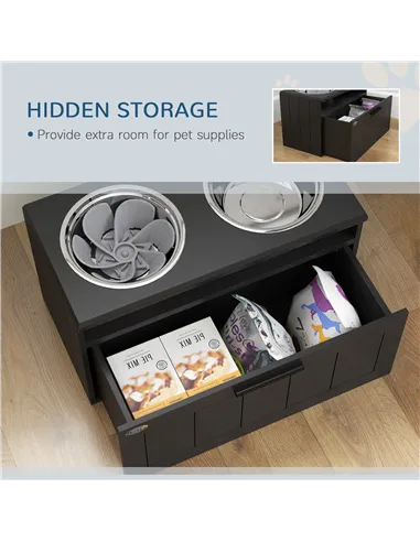 PawHut Raised Dog Bowl with Slow Feeder, Two Stainless Steel Dog Bowls, Drawer, for Large and Extra Large Dogs, Black