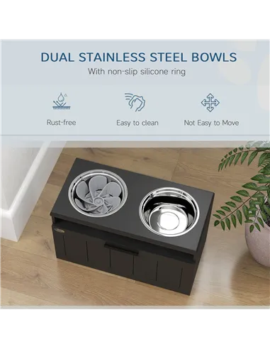 PawHut Raised Dog Bowl with Slow Feeder, Two Stainless Steel Dog Bowls, Drawer, for Large and Extra Large Dogs, Black