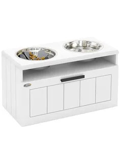PawHut Raised Dog Bowl with Slow Feeder, Two Stainless Steel Dog Bowls, Drawer, for Large and Extra Large Dogs, White