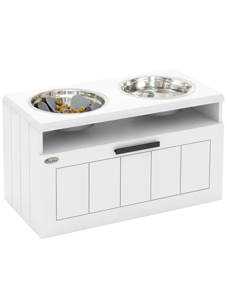 PawHut Raised Dog Bowl with Slow Feeder, Two Stainless Steel Dog Bowls, Drawer, for Large and Extra Large Dogs, White