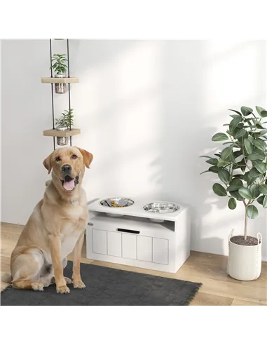 PawHut Raised Dog Bowl with Slow Feeder, Two Stainless Steel Dog Bowls, Drawer, for Large and Extra Large Dogs, White