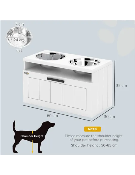 PawHut Raised Dog Bowl with Slow Feeder, Two Stainless Steel Dog Bowls, Drawer, for Large and Extra Large Dogs, White
