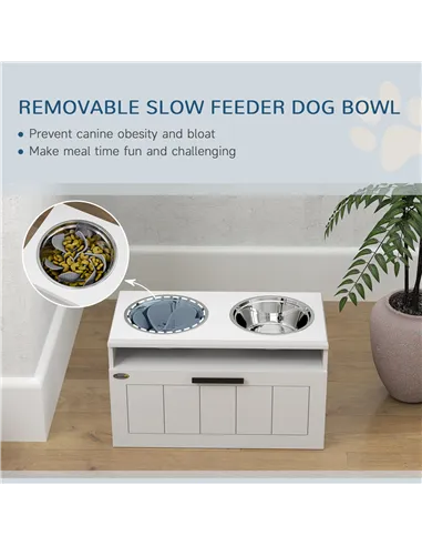 PawHut Raised Dog Bowl with Slow Feeder, Two Stainless Steel Dog Bowls, Drawer, for Large and Extra Large Dogs, White