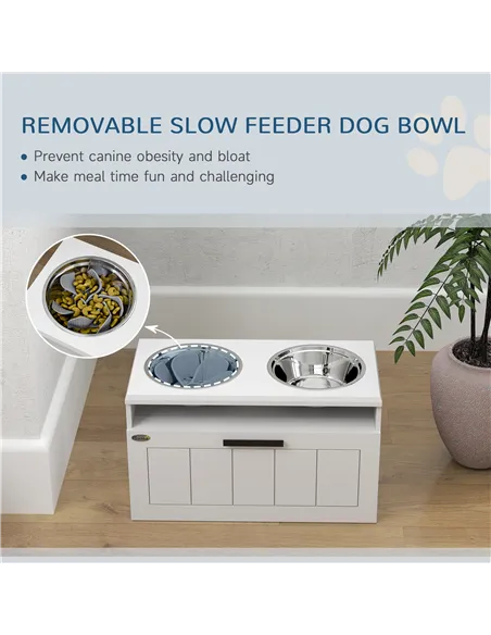PawHut Raised Dog Bowl with Slow Feeder, Two Stainless Steel Dog Bowls, Drawer, for Large and Extra Large Dogs, White