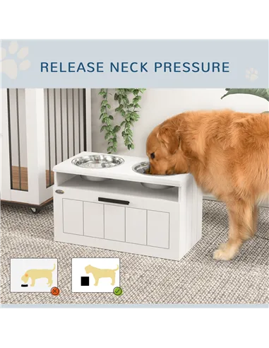 PawHut Raised Dog Bowl with Slow Feeder, Two Stainless Steel Dog Bowls, Drawer, for Large and Extra Large Dogs, White