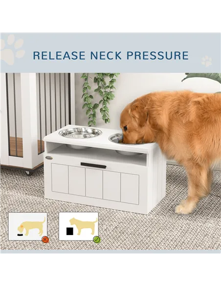 PawHut Raised Dog Bowl with Slow Feeder, Two Stainless Steel Dog Bowls, Drawer, for Large and Extra Large Dogs, White
