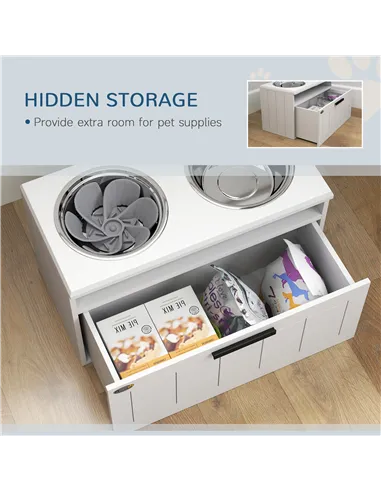 PawHut Raised Dog Bowl with Slow Feeder, Two Stainless Steel Dog Bowls, Drawer, for Large and Extra Large Dogs, White