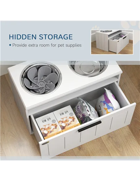 PawHut Raised Dog Bowl with Slow Feeder, Two Stainless Steel Dog Bowls, Drawer, for Large and Extra Large Dogs, White