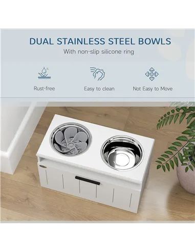 PawHut Raised Dog Bowl with Slow Feeder, Two Stainless Steel Dog Bowls, Drawer, for Large and Extra Large Dogs, White