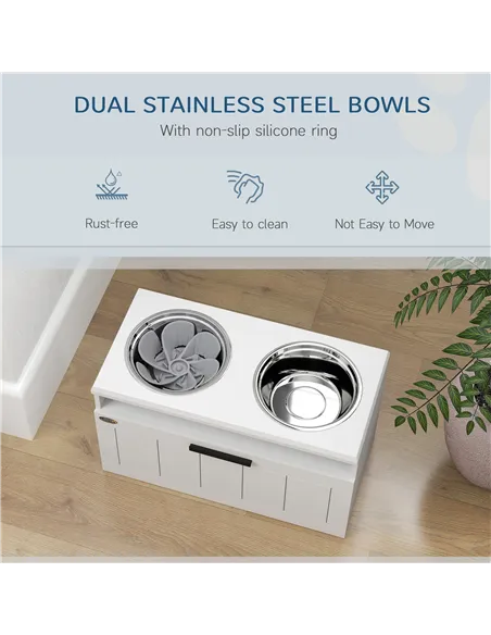 PawHut Raised Dog Bowl with Slow Feeder, Two Stainless Steel Dog Bowls, Drawer, for Large and Extra Large Dogs, White