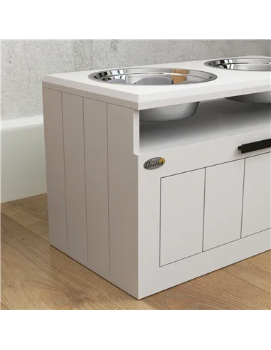 PawHut Raised Dog Bowl with Slow Feeder, Two Stainless Steel Dog Bowls, Drawer, for Large and Extra Large Dogs, White