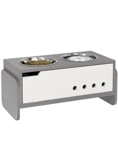 PawHut 3 Height Adjustable Raised Dog Bowls, Dog Feeding Storage Station w/ Slow Feeder Mat, 2 Stainless Steel Bowls