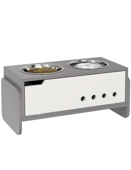 PawHut 3 Height Adjustable Raised Dog Bowls, Dog Feeding Storage Station w/ Slow Feeder Mat, 2 Stainless Steel Bowls