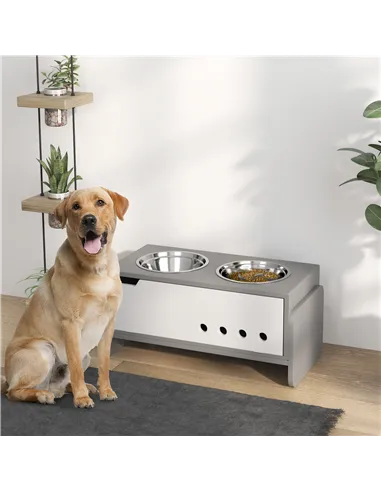 PawHut 3 Height Adjustable Raised Dog Bowls, Dog Feeding Storage Station w/ Slow Feeder Mat, 2 Stainless Steel Bowls