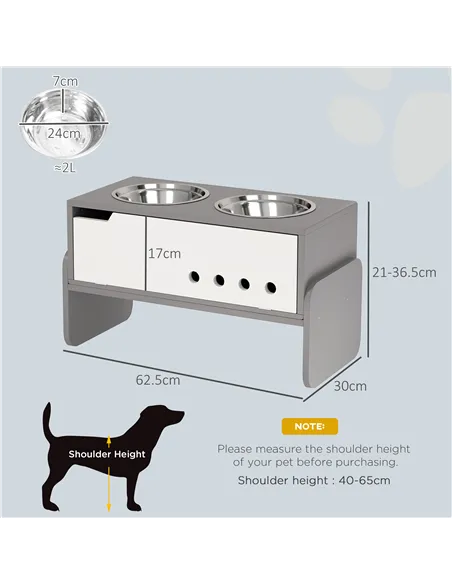 PawHut 3 Height Adjustable Raised Dog Bowls, Dog Feeding Storage Station w/ Slow Feeder Mat, 2 Stainless Steel Bowls