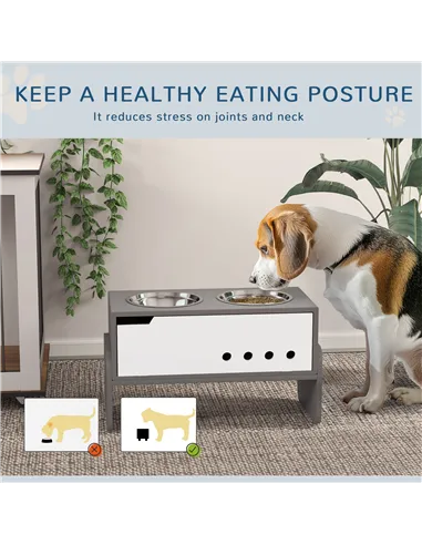 PawHut 3 Height Adjustable Raised Dog Bowls, Dog Feeding Storage Station w/ Slow Feeder Mat, 2 Stainless Steel Bowls