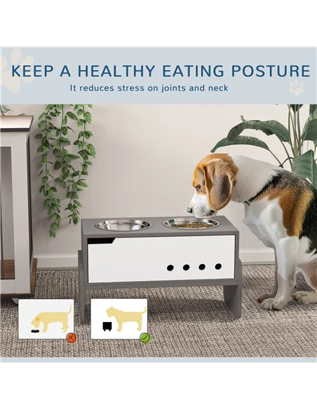 PawHut 3 Height Adjustable Raised Dog Bowls, Dog Feeding Storage Station w/ Slow Feeder Mat, 2 Stainless Steel Bowls