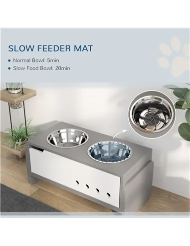 PawHut 3 Height Adjustable Raised Dog Bowls, Dog Feeding Storage Station w/ Slow Feeder Mat, 2 Stainless Steel Bowls