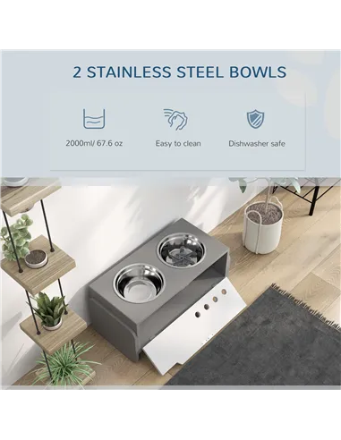 PawHut 3 Height Adjustable Raised Dog Bowls, Dog Feeding Storage Station w/ Slow Feeder Mat, 2 Stainless Steel Bowls