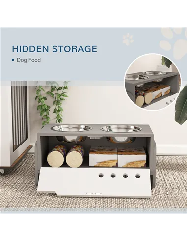 PawHut 3 Height Adjustable Raised Dog Bowls, Dog Feeding Storage Station w/ Slow Feeder Mat, 2 Stainless Steel Bowls