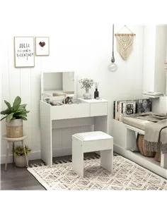 HOMCOM Makeup Desk with Drawer, Vanity Table Set with Flip-up Mirror and Cushioned Stool, White 2