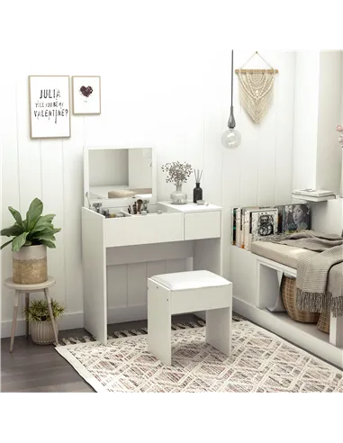 HOMCOM Makeup Desk with Drawer, Vanity Table Set with Flip-up Mirror and Cushioned Stool, White