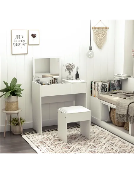 HOMCOM Makeup Desk with Drawer, Vanity Table Set with Flip-up Mirror and Cushioned Stool, White