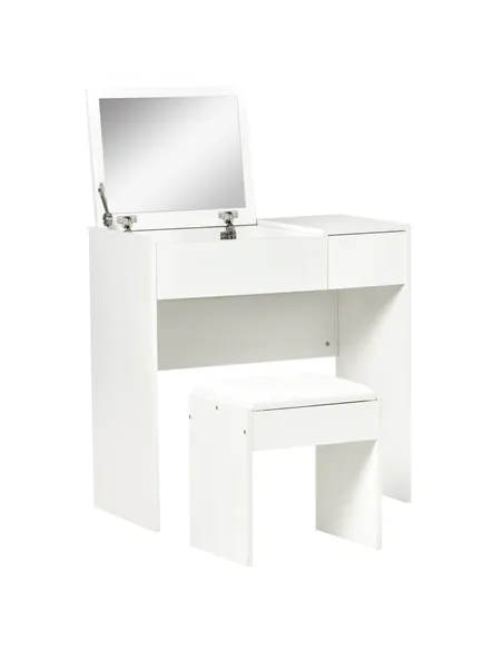 HOMCOM Makeup Desk with Drawer, Vanity Table Set with Flip-up Mirror and Cushioned Stool, White