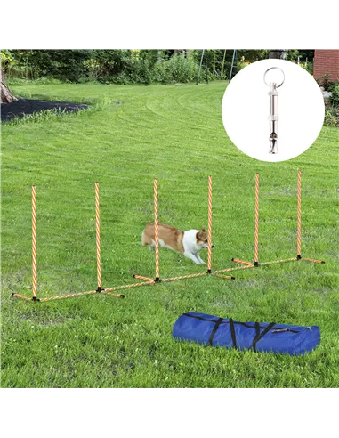 PawHut Dog Agility Equipment Pet Outdoor Training Play Run Obstacle w/ 6 Weaves Poles Whistle Carrying Bag