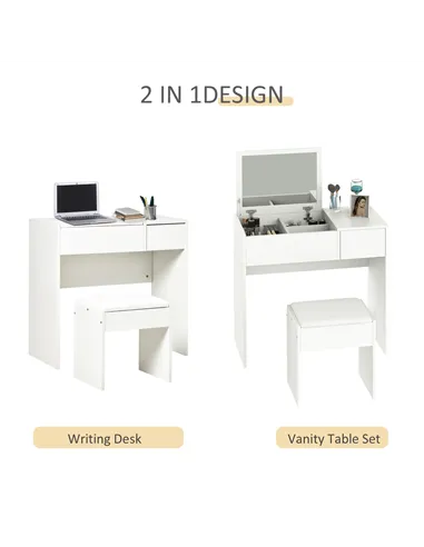 HOMCOM Makeup Desk with Drawer, Vanity Table Set with Flip-up Mirror and Cushioned Stool, White
