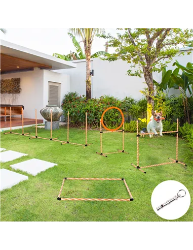 PawHut Dog Agility Equipment Pet Training Set with Adjustable Height Jump Ring Hurdle Whistle Weave Poles Square Pause Box Carry