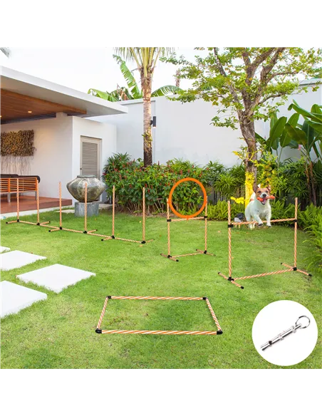 PawHut Dog Agility Equipment Pet Training Set with Adjustable Height Jump Ring Hurdle Whistle Weave Poles Square Pause Box Carry