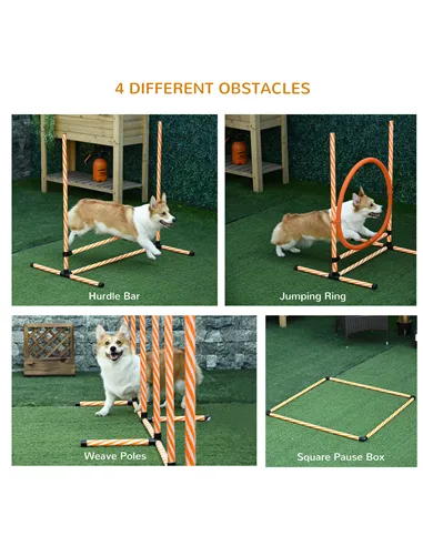 PawHut Dog Agility Equipment Pet Training Set with Adjustable Height Jump Ring Hurdle Whistle Weave Poles Square Pause Box Carry