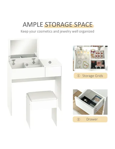 HOMCOM Makeup Desk with Drawer, Vanity Table Set with Flip-up Mirror and Cushioned Stool, White